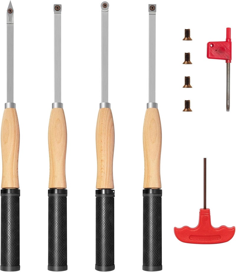 DEEFIINE 18.3" Full Size Carbide Tip Wood Lathe Turning Tool Kit, Lathe Roughing and Finishing Tool with Diamond Round Square Carbide Inserts for Woodturning （4pcs - Image 1